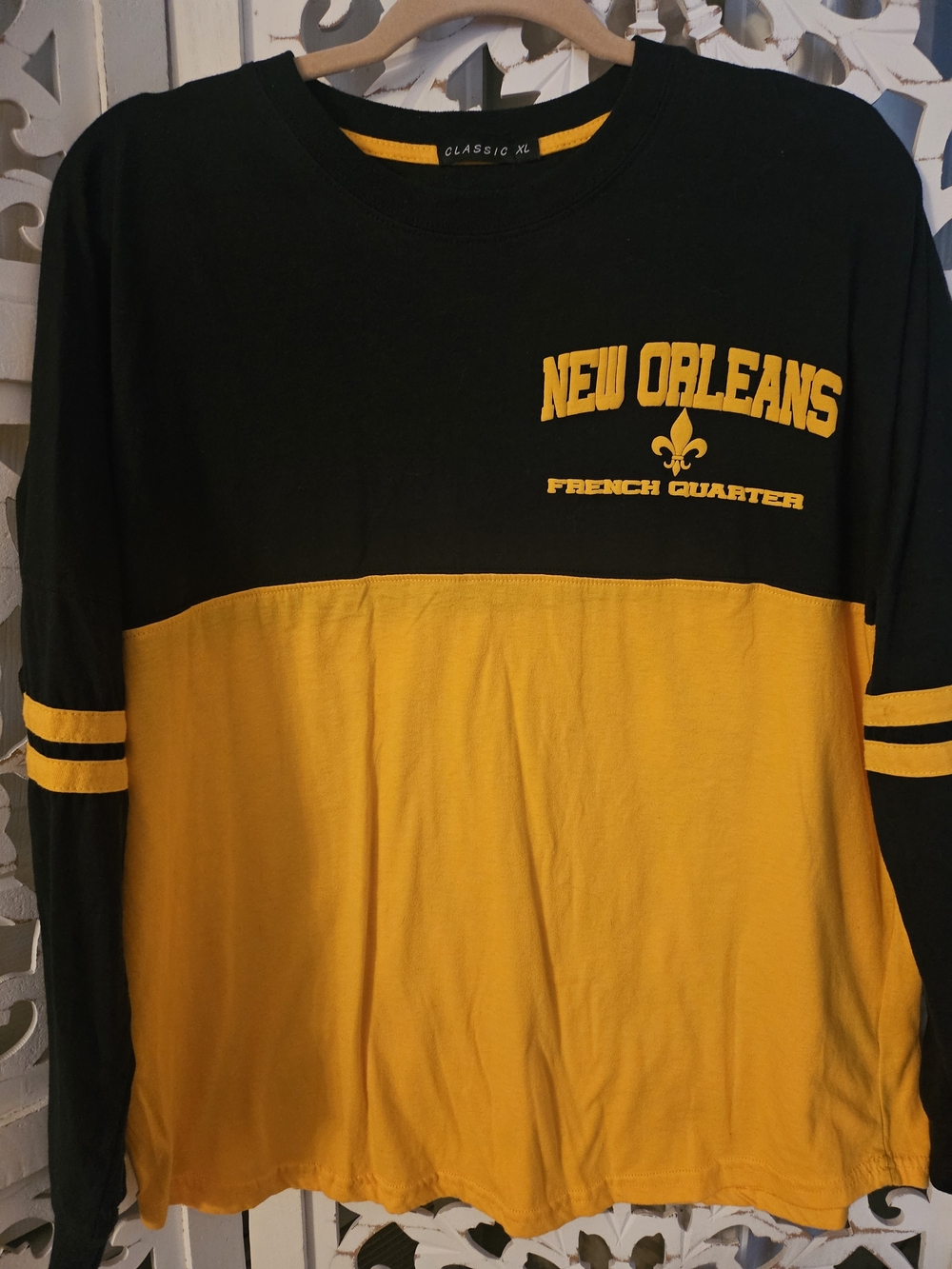 French Quarter Puff Print Long Sleeve Baseball Style Tee